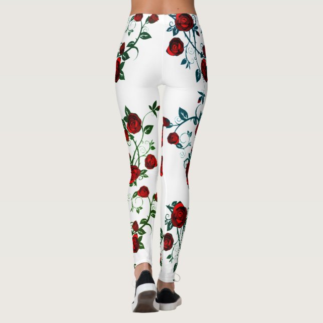 Röd ros i vitt, blommigt vektor mönster v2 leggings (Baksida)