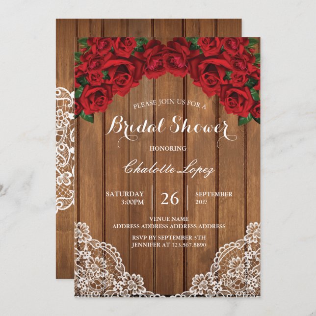 Röd ros inbjudningskort för möhippan rustiskt trä (Fram/baksida)