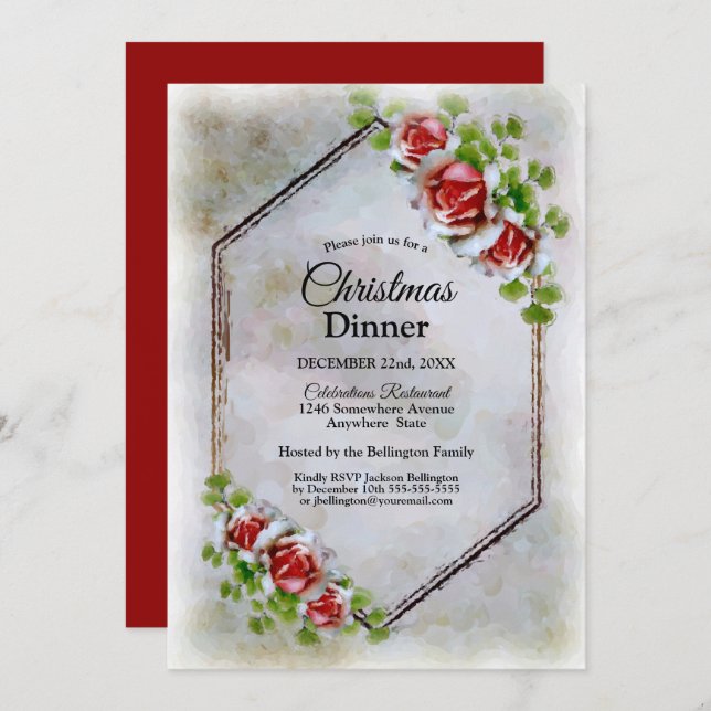 Röd ros julmiddag inbjudningar (Fram/baksida)