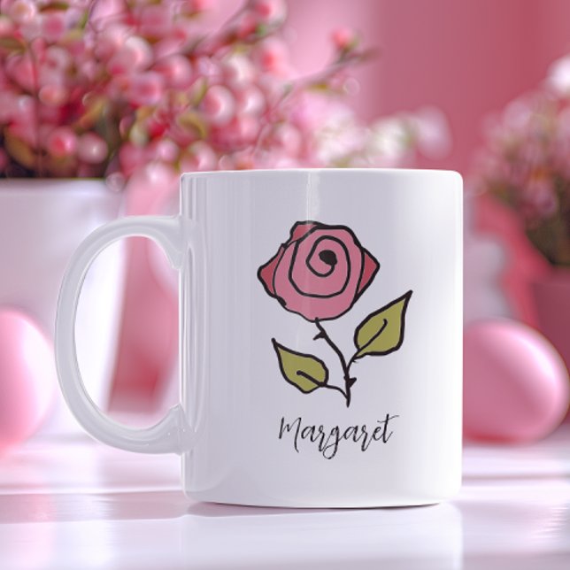 Röd ros Juni Birthday Flower Unik Blommigt Kaffemugg (Hand-illustrated and unique, our rose mug is lovely for Mother's Day, Easter, and June birthdays.)