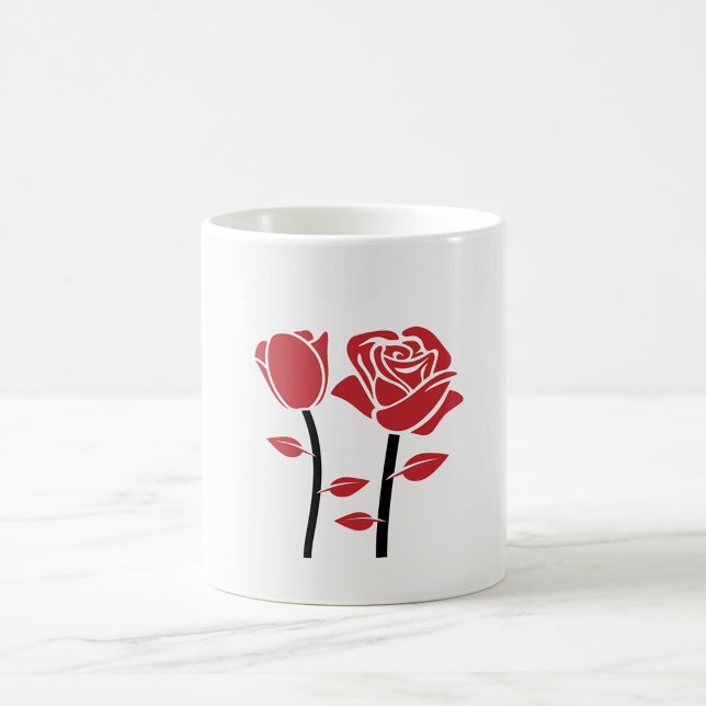 Röd ros kaffemugg (A white mug featuring a minimalist design of red roses on a white surface.  )