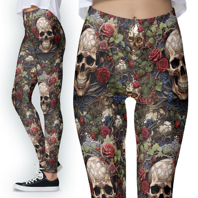 Röd ros keltiska Döskallar Grönt Löv  Natur Leggings (Skapare uppladdad)