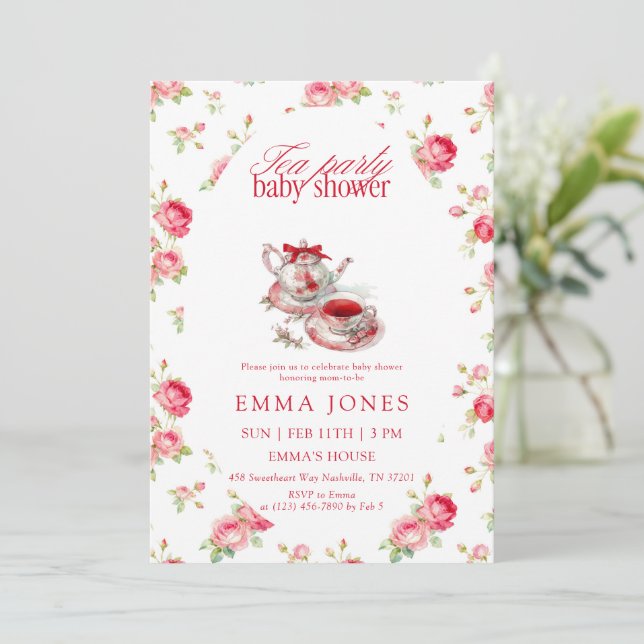 Röd Ros Kokett Te Party Baby Shower Inbjudningar (Stående Fram)