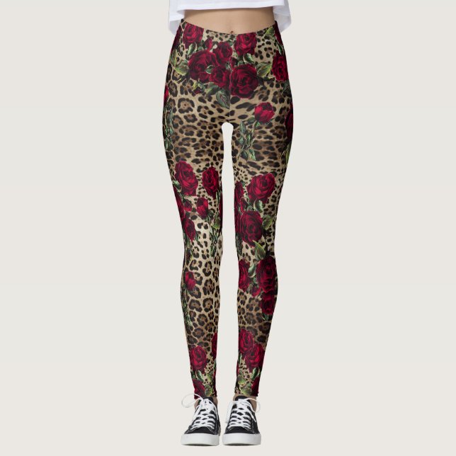 Röd ros Leopard print Leggings (Framsida)