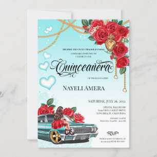 Röd ros Lowrider Chola Chicano Quinceanera Inbjudningar