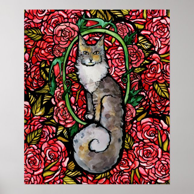 Röd ros Maine Coon Kattunge Art Ro Garden Cat Poster (Framsidan)