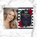 Röd ros marinvit Rand Foto 50:e födelsedagen Inbjudningar<br><div class="desc">Femininininbjudan till elegantens blommigt på 50 år med ditt foto. Glam marinvit röd design med faux glitter guld. Med marinblått och vitt rand, röd ros, typsnitt och konetti. Perfekt för en snyggt vuxen under firande party. Anpassa med dina egna detaljer. Kan anpassas för vilken ålder som helst! Skrivna Zazzle-inbjudningar eller...</div>