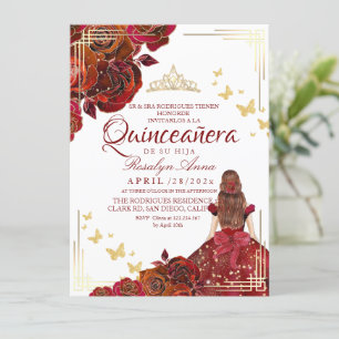 Röd ros Maroon Guld Butterfly Quinceañera Inbjudningar