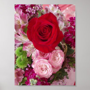 Röd ros med blandade blommor och rotrycket poster