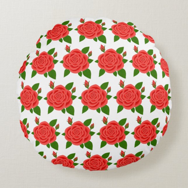 Röd ros med Buds White Round Pillow Rund Kudde (Framsidan)
