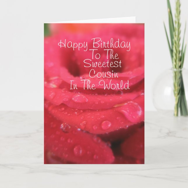 Röd ros med Raindrops Cousin Birthday Card Kort (Framsida)