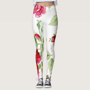 Röd ros med vit bakgrundsutskrift leggings