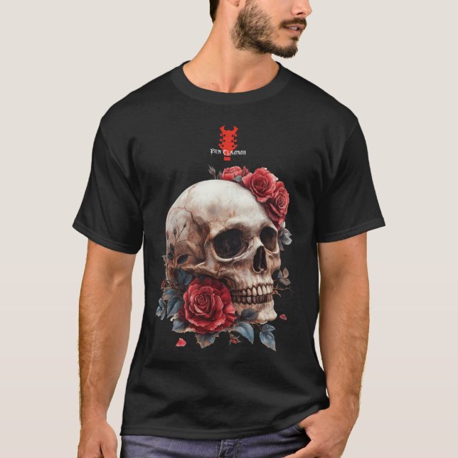 Röd ros Metall Skull | Ben Elkanar T Shirt (Framsida)
