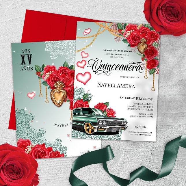 Röd ros Mexiicana Grönt Lowrider Chola Quinceanera Inbjudningar (Skapare uppladdad)