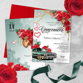Röd ros Mexiicana Grönt Lowrider Chola Quinceanera Inbjudningar