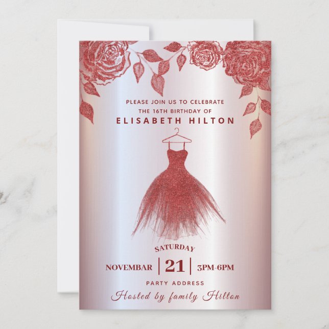 Röd ros modern Glitter klänning sweet sixteen Invi Inbjudningar (Framsida)