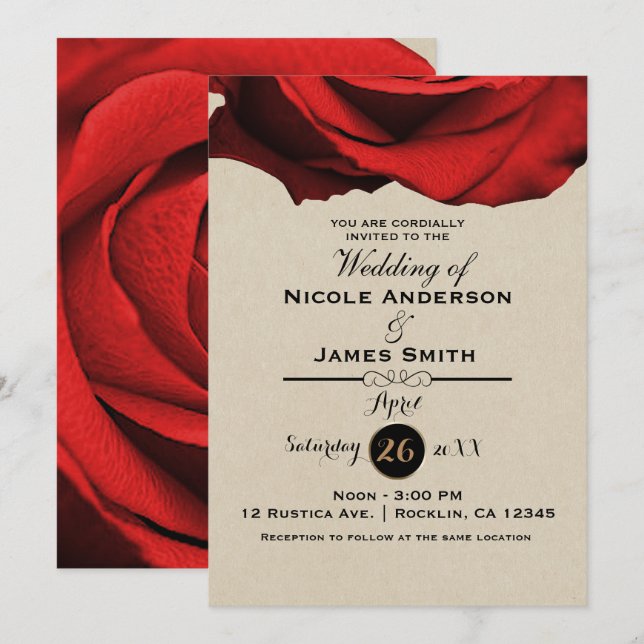 Röd ros Modern Rustic Kraft Glam Elegant bröllop Inbjudningar (Fram/baksida)