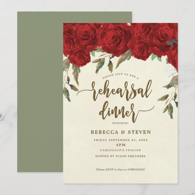 röd ros moderna inbjudan till repetitionsmiddag (Fram/baksida)