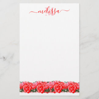 Röd ros Monogram Elegant Stationery Papper