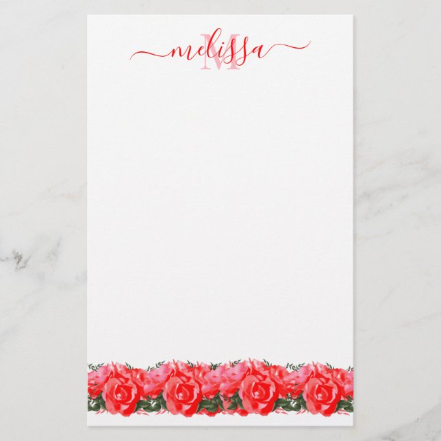 Röd ros Monogram Elegant Stationery Papper (Framsida)