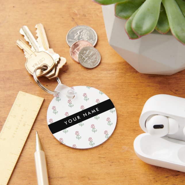 Röd ros, Mönster i Ro, ditt namn Nyckelring (Skrivbord)