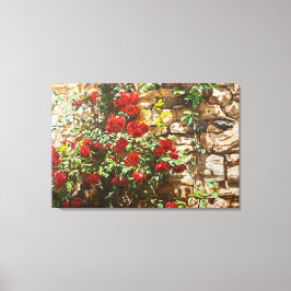 Röd ros mot en stenmur canvastryck