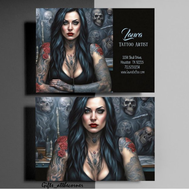 Röd ros och Döskallar är kvinnor som tattoartist Visitkort (Skapare uppladdad)