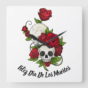 Röd ros och Döskallar Lycklig Day of the dead Fyrkantig Klocka
