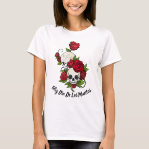 Röd ros och Döskallar Lycklig Day of the dead T Shirt
