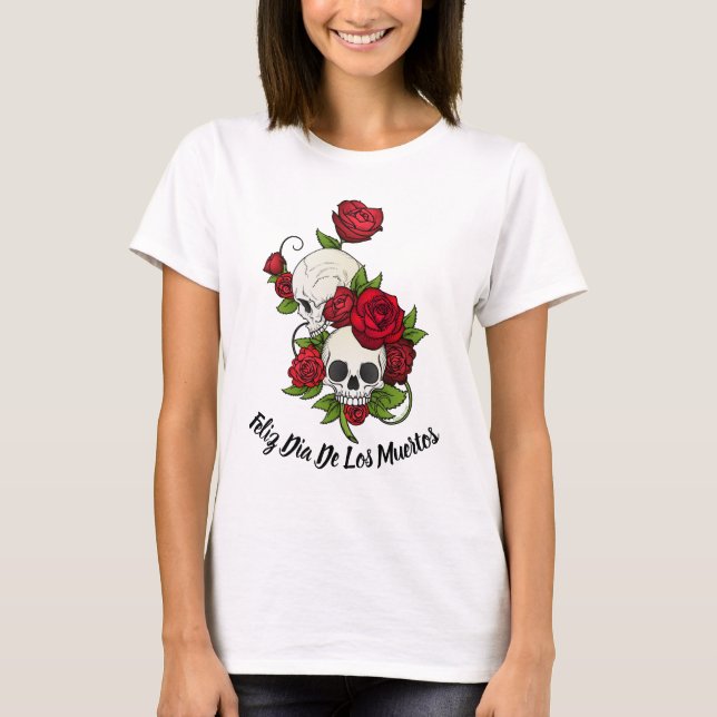 Röd ros och Döskallar Lycklig Day of the dead T Shirt (Framsida)