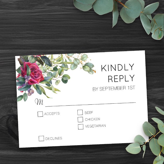 Röd ros och Eucalyptus Blommigt Bröllop OSA (Romantic floral wedding RSVP card with entrees, from my Red Rose and Eucalyptus Wedding Collection)