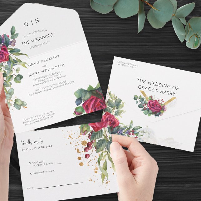 Röd ros och Eucalyptus Bröllop (Romantic wedding invitation with tear-off RSVP card - Red Rose and Eucalyptus Wedding Collection)