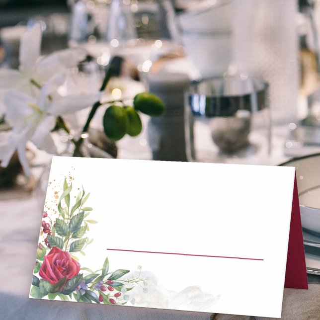 Röd ros och Eucalyptus Löv Placeringskort (Place Cards with red rose floral arrangement and space to write your guest's name)