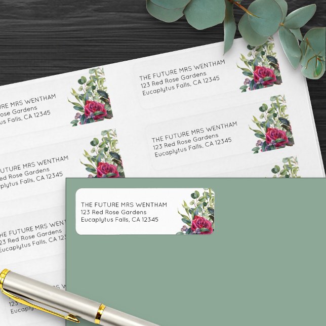 Röd ros och Eucalyptus Simple Bröllop Kuvert Returadress Etikett (Future Mrs wedding address labels from my Red Rose and Eucalyptus Wedding Collection)