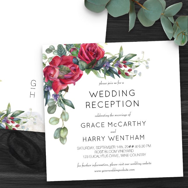 Röd ros och eukalyptus bröllopsmottagning endast inbjudningar (Wedding Reception only invitation with romantic red roses - Red Rose & Eucalyptus Wedding Collection)