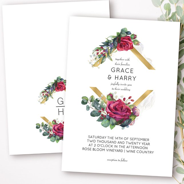 Röd ros och Eukalyptus Guld Diamond Ram Bröllop Inbjudningar (Monogrammed wedding invitation from my Red Rose and Eucalyptus collection)