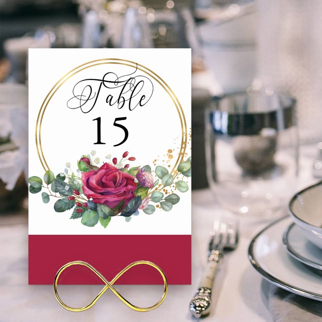 Röd ros och Eukalyptus Guld Ram Bordsnummer (Elegant Table Number set in a gold frame with red rose floral arrangement )