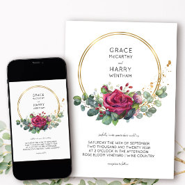 Röd ros och Eukalyptus Guld Ram Bröllop Inbjudningar