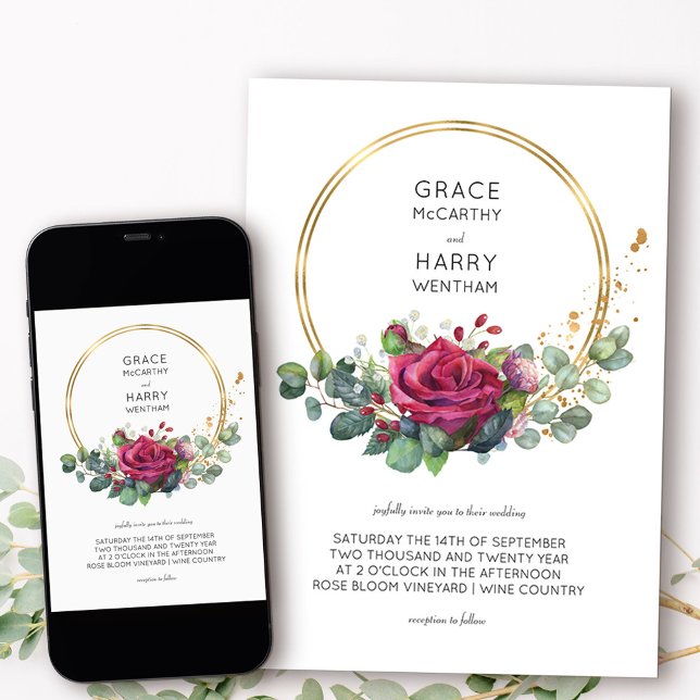 Röd ros och Eukalyptus Guld Ram Bröllop Inbjudningar (Elegant floral wedding invitation from my Red Rose and Eucalyptus collection)