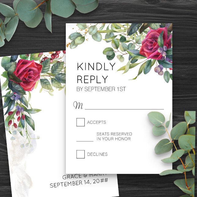 Röd ros och Eukalyptus Lodrät Bröllop OSA Kort (Romantic red rose RSVP card from my Red Rose and Eucalyptus Wedding Collection)