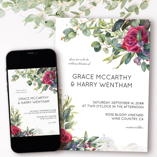 Röd ros och eukalyptus Simple Modern Bröllop Inbjudningar (Floral wedding invitation from my Red Rose and Eucalyptus collection)