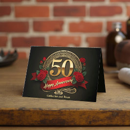 Röd ros och Guld 50-årsdagen för Bröllop Kort