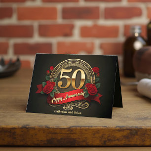 Röd ros och Guld 50-årsdagen för Bröllop Kort