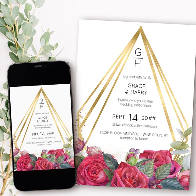 Röd ros och Guld-Bröllop Inbjudningar (Monogram wedding invitation from my Red Rose and Eucalyptus collection)