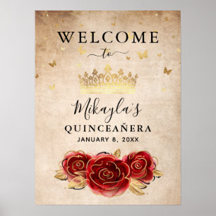 Röd ros och Guld Krona Elegant Välkommen Party Poster