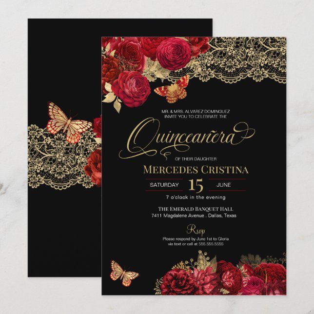 Röd ros och Guld Snöre Glam Butterfly Quinceañera Inbjudningar (Fram/baksida)
