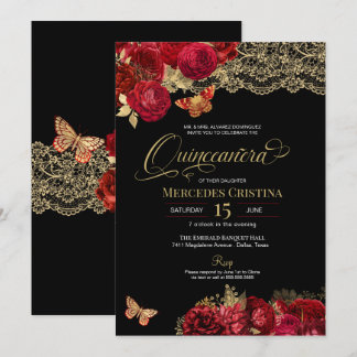 Röd ros och Guld Snöre Glam Butterfly Quinceañera Inbjudningar