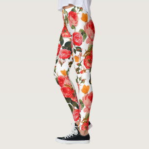 RÖD ROS OCH GULT BUTTERFLIES Vit Blommigt Leggings