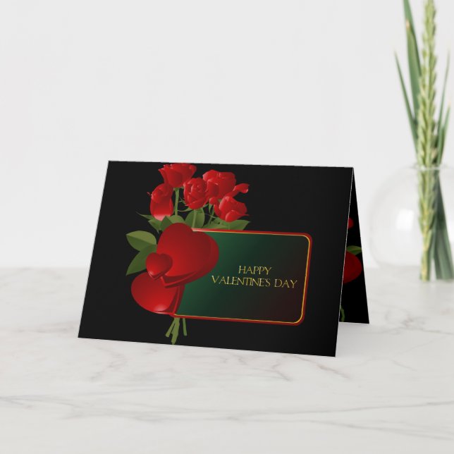 Röd ros och hjärtan på Black Valentine Card Helgkort (Framsida)