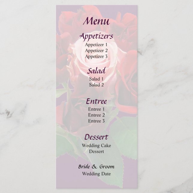 Röd ros och Rosa ros Bröllop Menu Meny (Framsida)